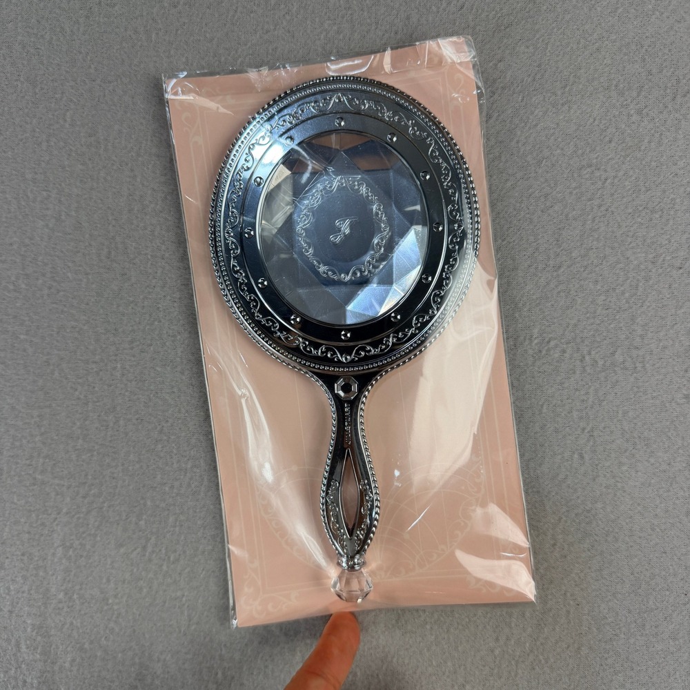 Jill Stuart Silver Ornate Hand Mirror Faceted Crystal Back Monogram J New